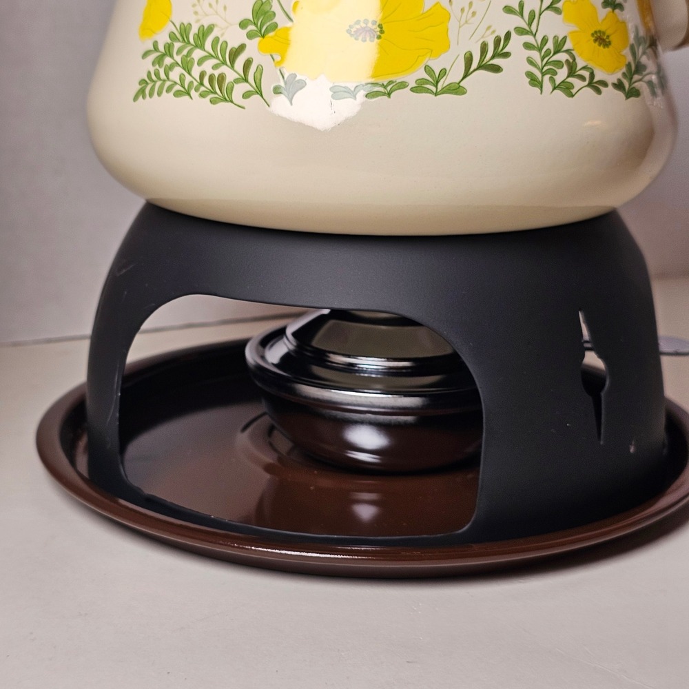 MCM 1970s Enamel‎ Fondue Pot Cottagecore Yellow Floral Poppies Japan Analog - Picture 7 of 10